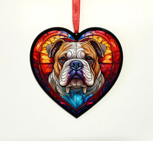 Bulldog Stained Glass Effect Heart Suncatcher